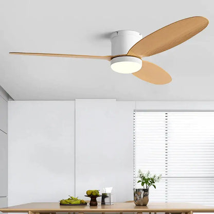 Modern black dc ceiling fan with remote control featuring three light wood blades and integrated circular led light