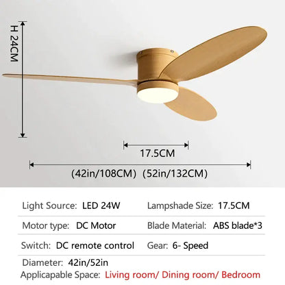 Modern black dc ceiling fan with light wood abs blades and integrated led lamp with remote control for bedroom use