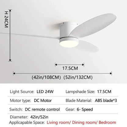 White ceiling-mounted fan with three ABS blades and integrated LED light for modern black DC ceiling fan remote control bedroom