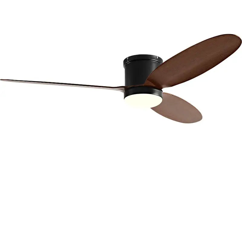 Modern black dc ceiling fan with remote control features sleek black motor, three dark brown wooden blades, and integrated light