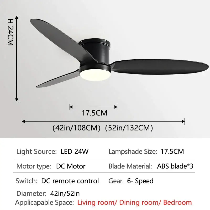 Modern black dc ceiling fan with three sleek abs blades and central led light fixture with remote control for bedroom