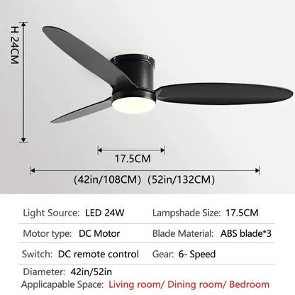 Modern black dc ceiling fan with three sleek abs blades and central led light fixture with remote control for bedroom