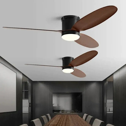 Modern black dc ceiling fan with remote control features sleek cylindrical motor and warm wood blades with led light for bedroom