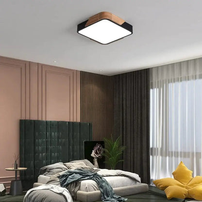 Modern black and wood led ceiling light with square frame and wooden accent panel ideal for bedroom decorbites ceiling light