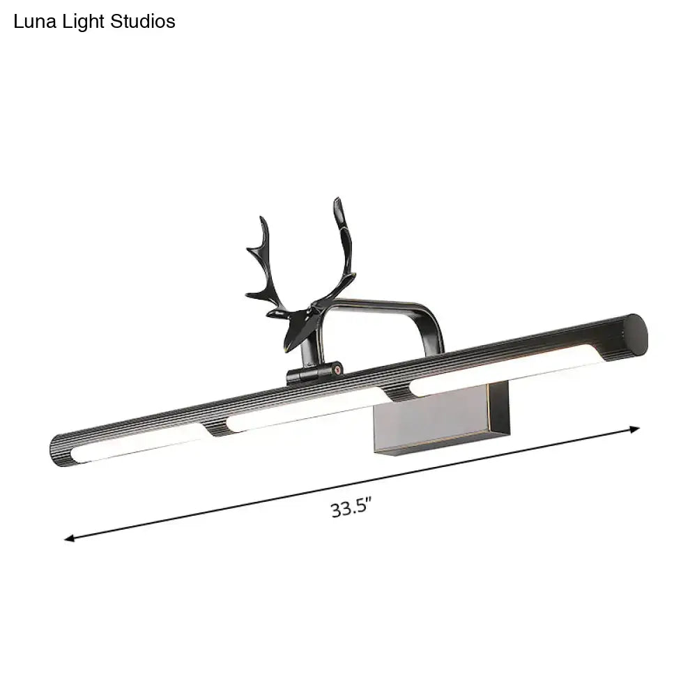 Modern black antler accent led wall lamp with sleek metal deer head and three illuminated strips for bathroom vanity light