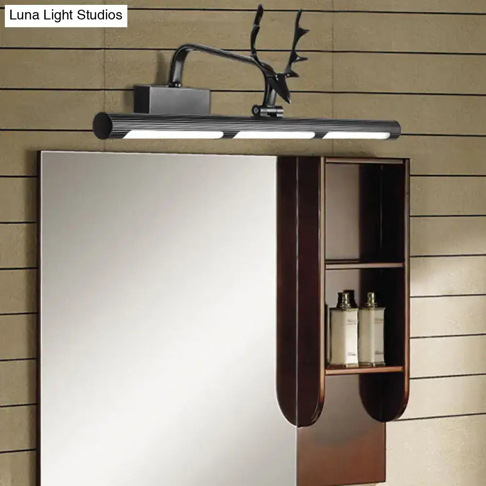 Black metal deer head bathroom vanity wall lamp with antler accent and three led bulbs in black finish