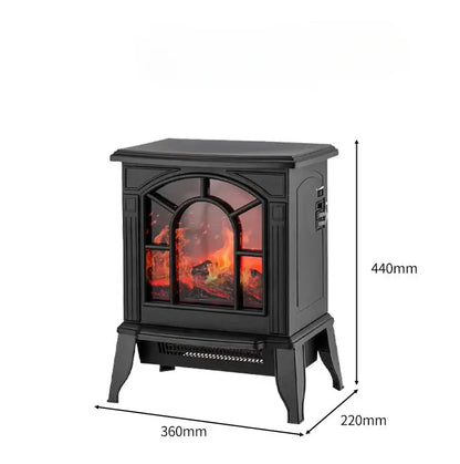 Modern black arched electric fireplace heater with classic cast-iron design and faux flames for living room heating