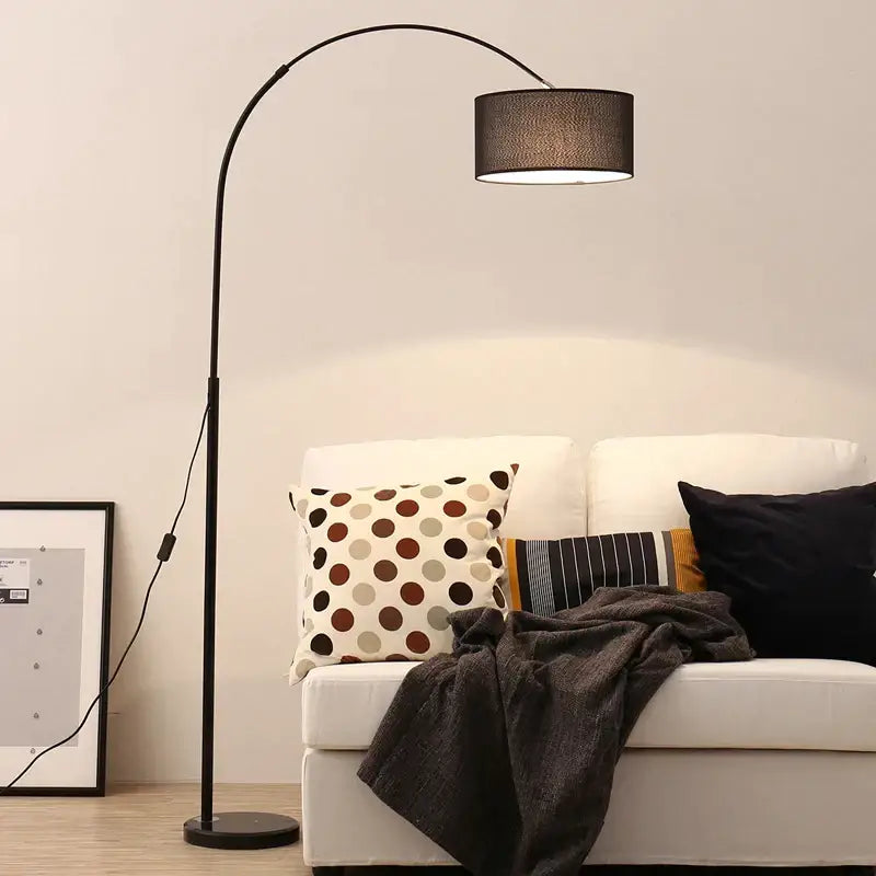 Modern black arched led floor lamp with textured fabric shade ideal for living room lighting
