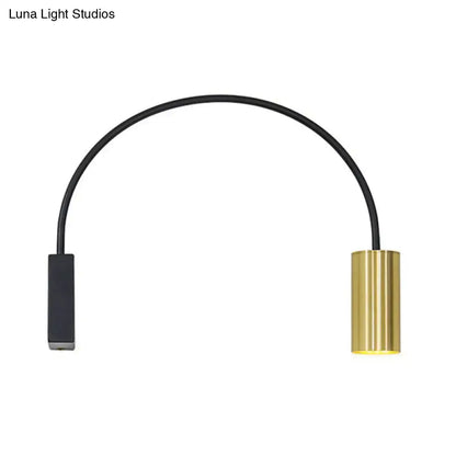 Modern black arched led wall mount light with brushed gold head and flexible cord for living room use