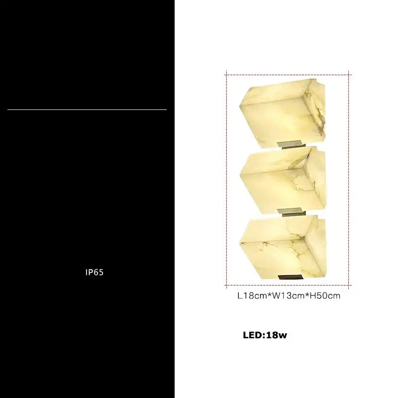Three-tiered wall light with translucent veined onyx-like stone cubes and slim black art deco marble decorbites base