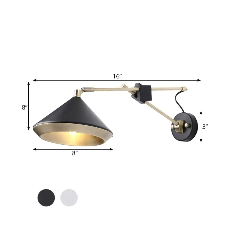 Modern black and brass adjustable arm wall light with conical shade and bulb base for bedroom sconce lighting