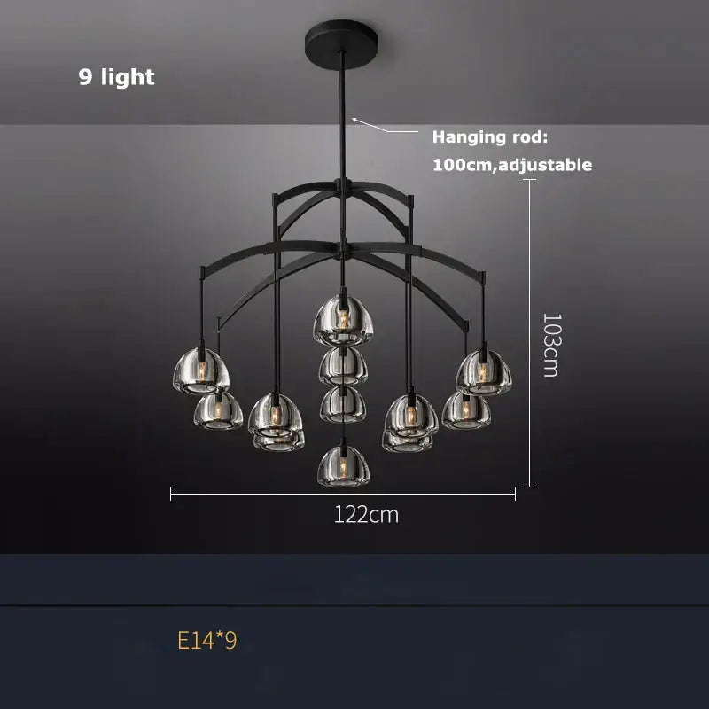Modern black brass american series black metal chandelier with nine clear glass globe shades for dining room decorbites black brass