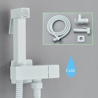 White ceramic wall-mounted bidet faucet with coiled hose and decorbites black brass handheld sprayer accessories