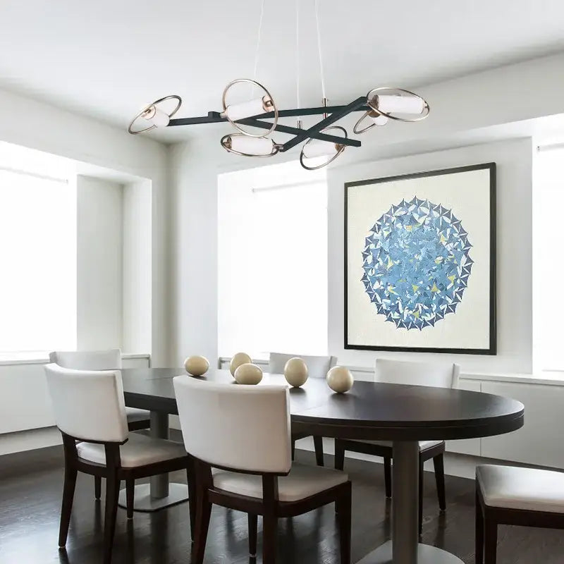 Modern black and brass circular ring LED chandelier with frosted glass shades for dining room decorbites circular ring
