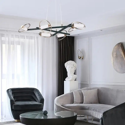 Modern black and brass circular ring led chandelier with frosted glass shades for dining room decorbites circular ring style