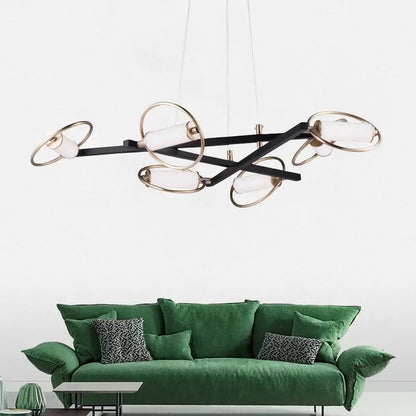 Modern black and brass geometric circular ring led chandelier with frosted glass shades for dining room decorbites circular ring