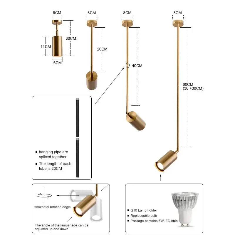 Modern black and brass pendant light with gold adjustable cylindrical design and extendable pipe for directional light use