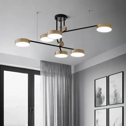 Modern black and brass geometric led chandelier with circular bulbs for dining room decorbites geometric led lighting