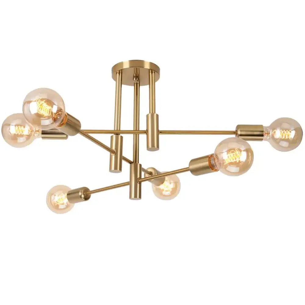 Gold-toned decorbites industrial chandelier with six exposed filament bulbs for modern living room lighting