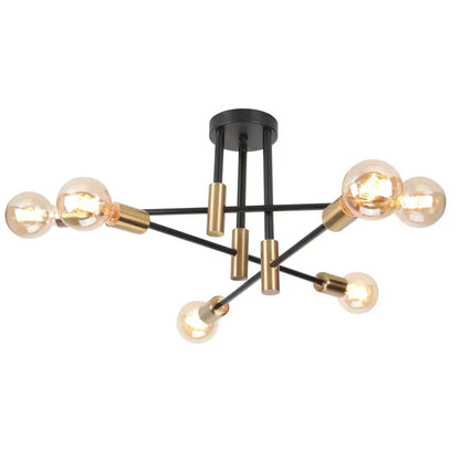 Modern black and brass industrial sputnik chandelier ceiling light with six exposed filament bulbs for kitchen decorbites