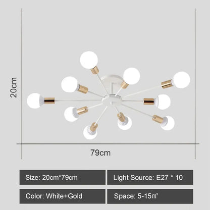 Modern black and brass iron wrought ceiling light fixture with white and gold starburst design and ten E27 bulbs for dining room