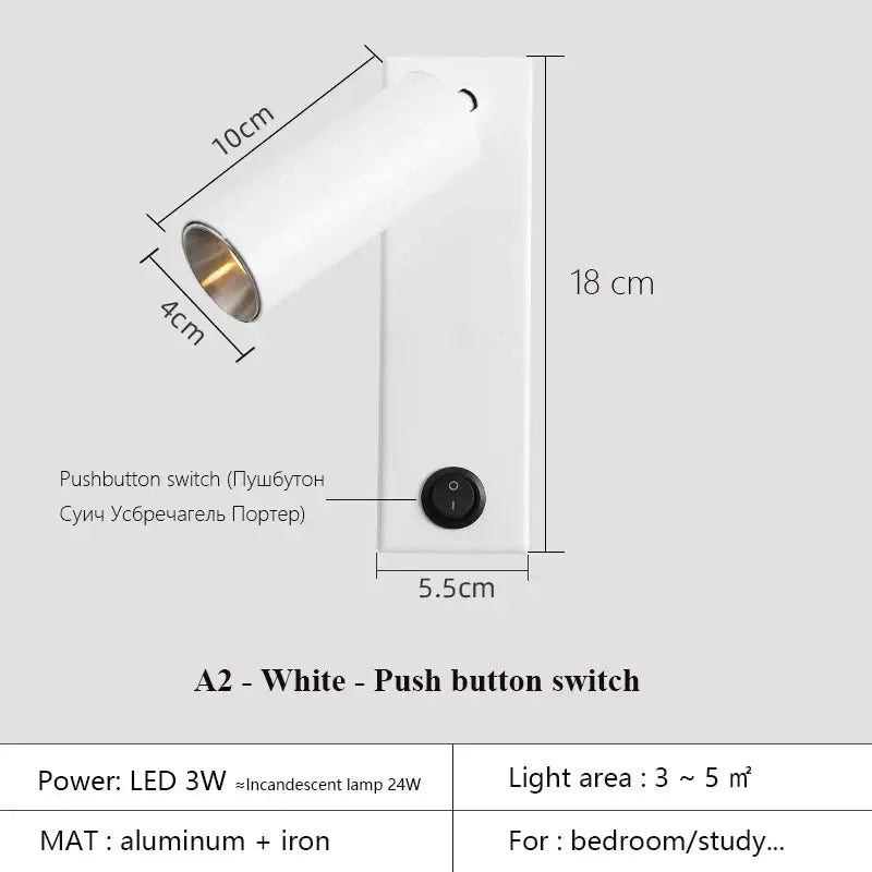 Modern black brass wall lamp with usb port and white a2 led spotlight in aluminum and iron for targeted illumination