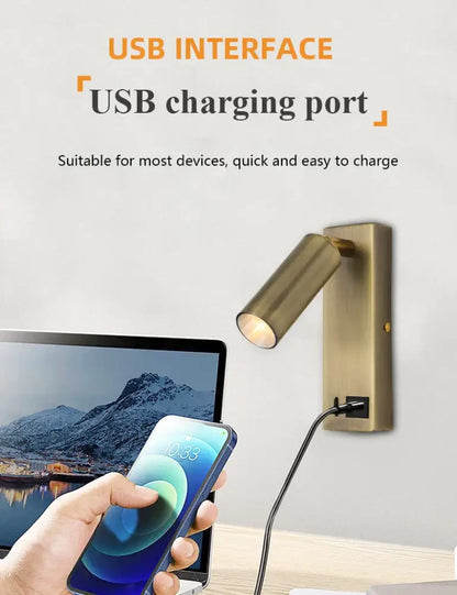 Modern black brass led wall lamp with adjustable usb charging spotlight for bedroom reading by decorbites black brass