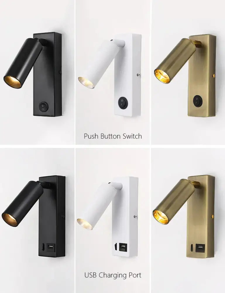 Modern black brass wall lamp with sleek cylindrical design and usb port by decorbites for bedroom reading light