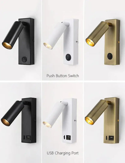 Modern black brass wall lamp with sleek cylindrical design and usb port by decorbites for bedroom reading light