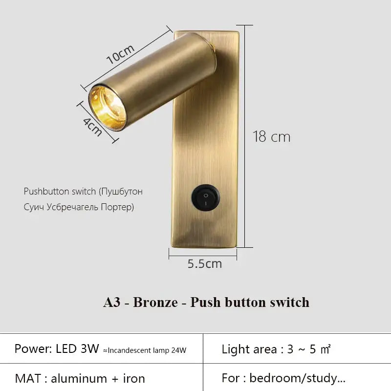 Bronze-finished a3 wall lamp with black brass led spotlight for bedroom reading featuring usb port and metal build