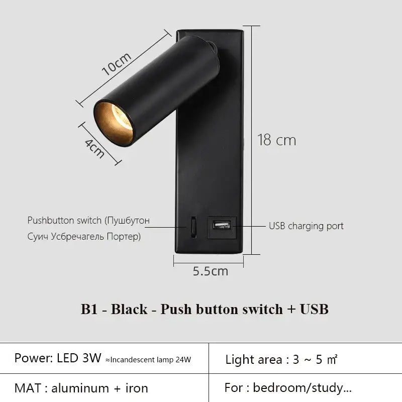 Modern black brass wall lamp with adjustable aluminum and iron led spotlight and usb port for bedroom reading by decorbites black brass