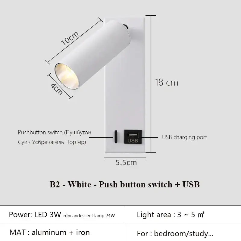 Modern black brass wall lamp with adjustable white b2 led spotlight and usb port made of aluminum and iron by decorbitess black brass
