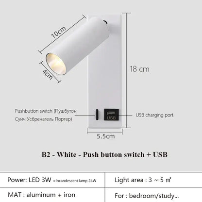 Modern black brass wall lamp with adjustable white b2 led spotlight and usb port made of aluminum and iron by decorbitess black brass