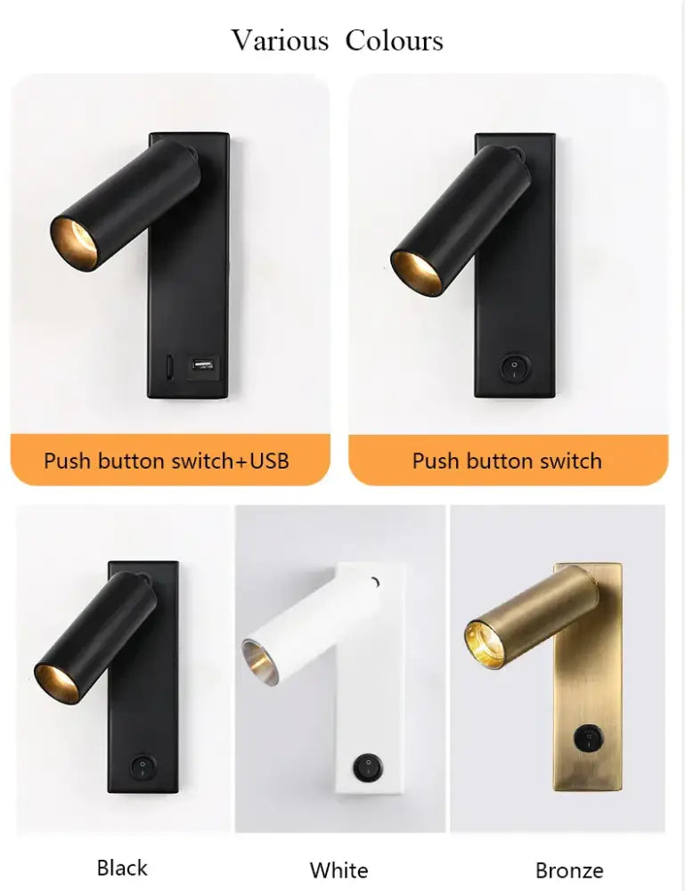 Modern black brass wall lamp with led reading light, usb port, sleek cylindrical head, and rectangular base by decorbites