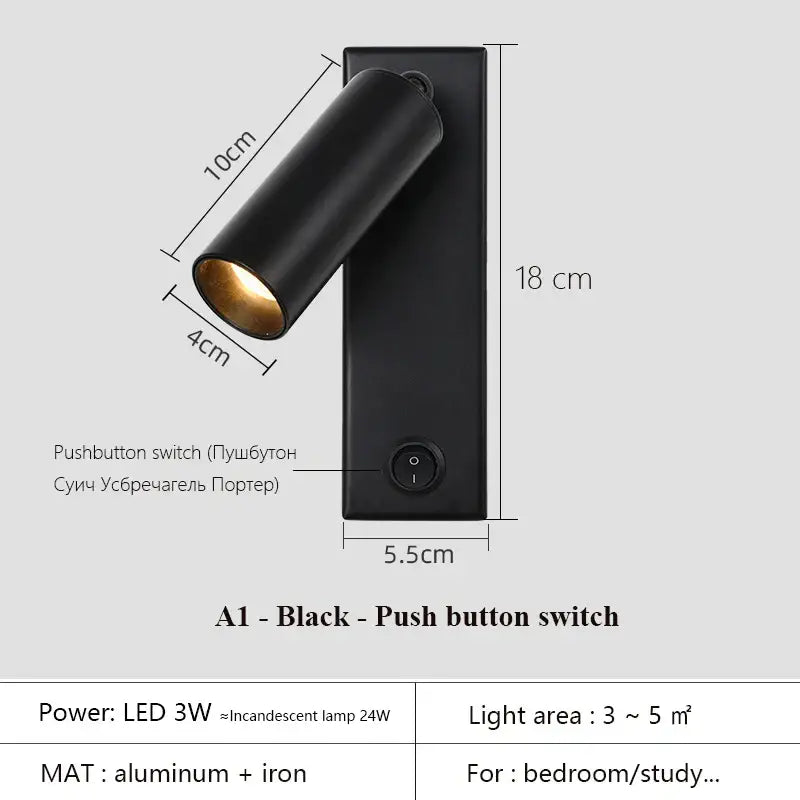 Modern black brass wall lamp with matte finish adjustable led head and push-button switch by decorbites black brass