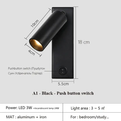Modern black brass wall lamp with matte finish adjustable led head and push-button switch by decorbites black brass