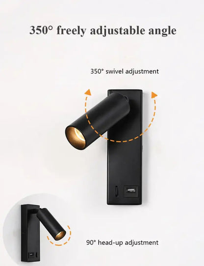 Modern black brass led wall lamp with matte black cylindrical spotlight and 350° swivel decorbites black brass design