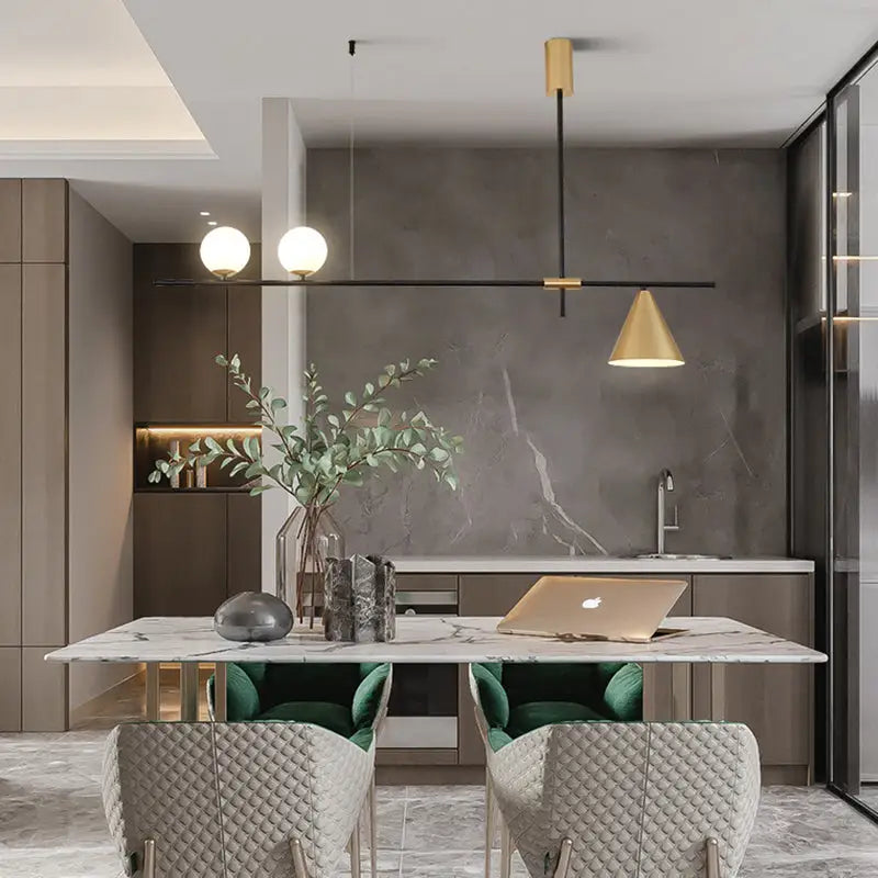 A sleek modern black and brass linear chandelier with a gold cone shade and black rod above the dining table with white glass