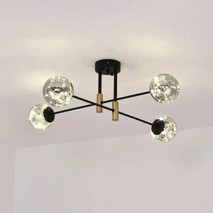 Modern black and brass decorbites™ starry nordic ball semi flush light fixture with four clear glass globes for living room ceiling