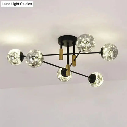 Modern black and gold nordic ball semi flush ceiling light fixture with six smoke glass spheres and string lights for living room