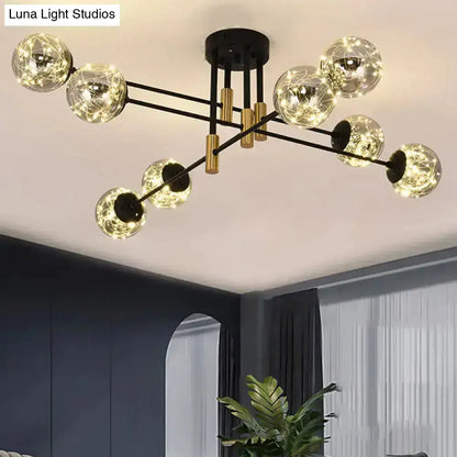 Modern black and gold nordic ball semi flush light fixture with smoke glass globes and warm led fairy lights for living room