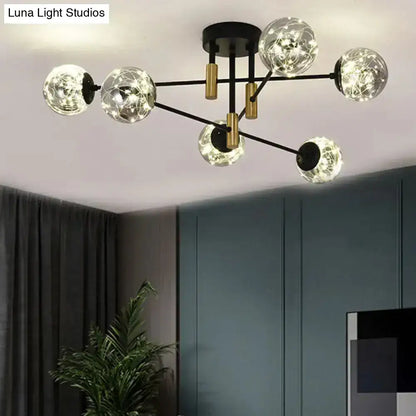 Modern black and gold nordic ball semi flush chandelier with six smoke glass globes and glowing fairy lights for living room