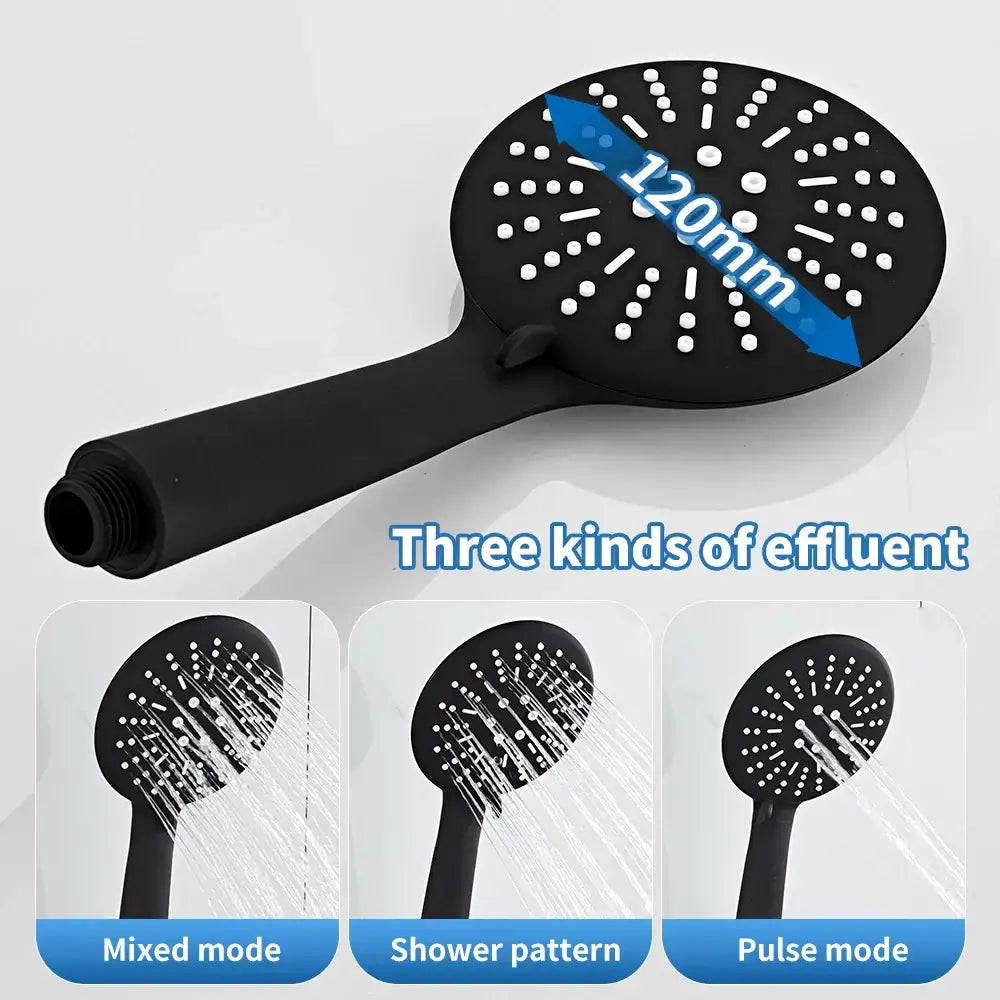 Modern black brass shower faucet set with a 120mm black matte showerhead offering mixed spray modes