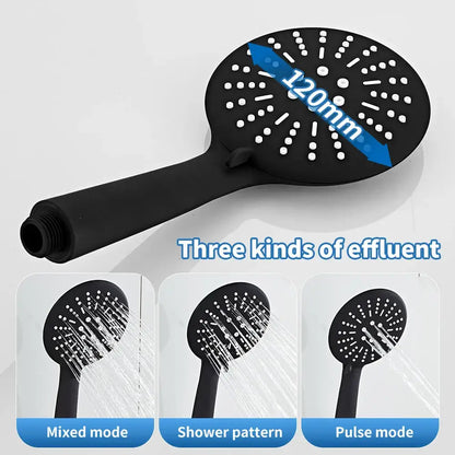 Modern black brass shower faucet set with a 120mm black matte showerhead offering mixed spray modes