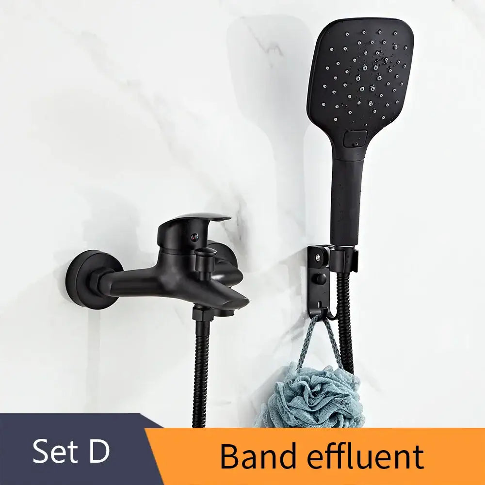 Modern black brass shower faucet set with matte finish wall-mounted faucet and matching square handheld showerhead