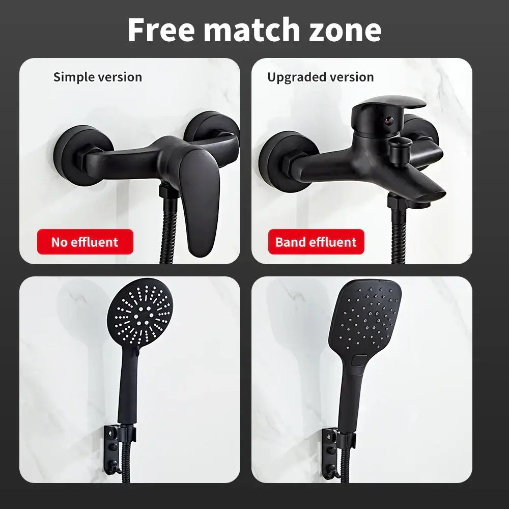Modern black brass shower faucet set with matte finish featuring two handheld spray versions with three settings and effluent spout options
