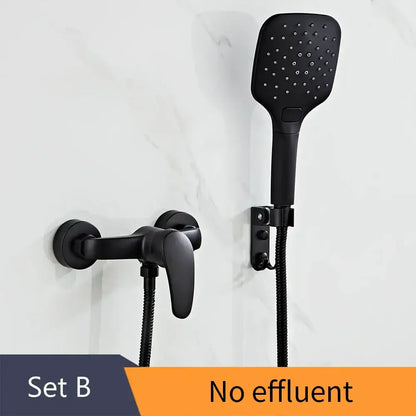 Modern black brass shower faucet set with black matte finish and matching square handheld showerhead with 3 spray settings