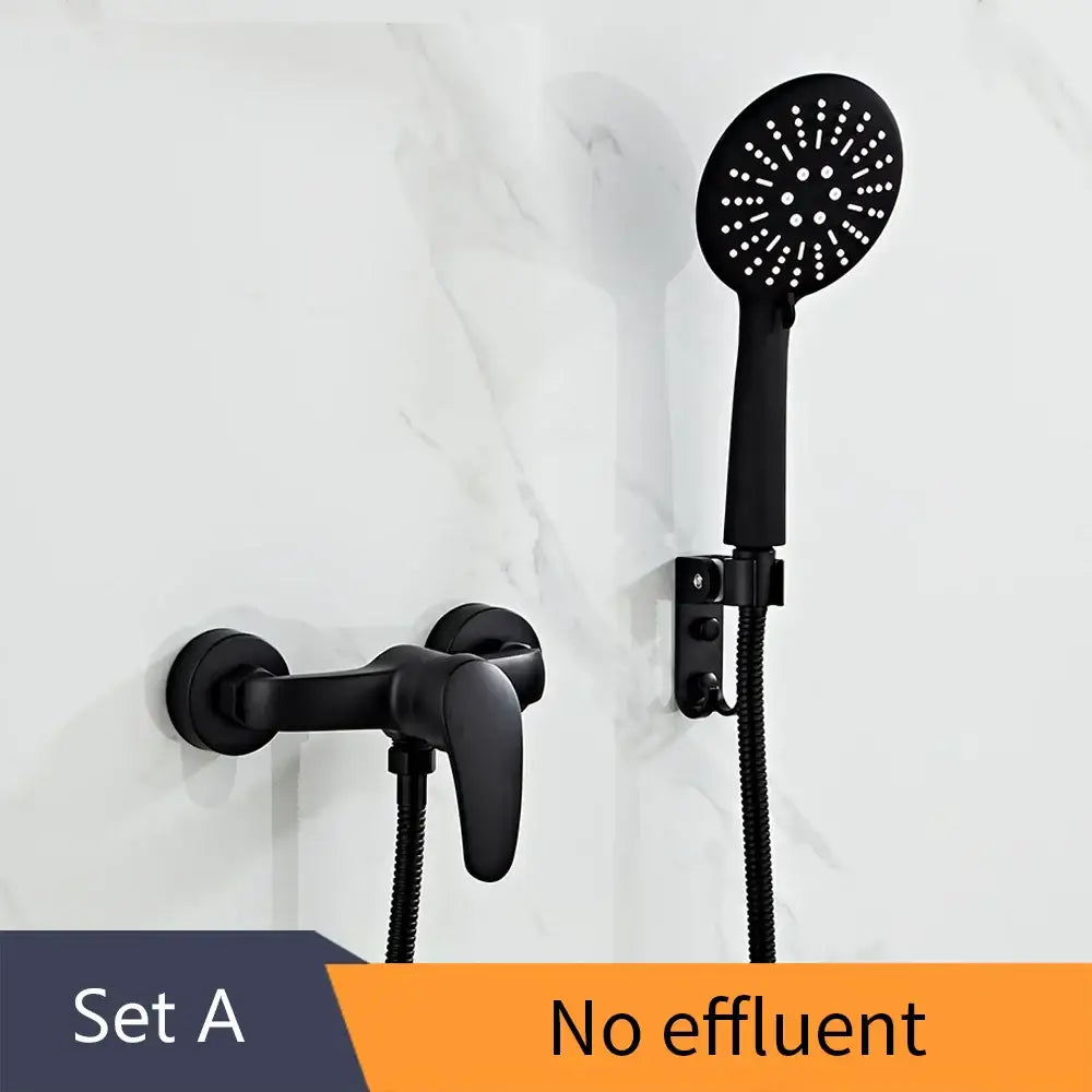 Modern black brass shower faucet set with matte finish includes a 3 setting handheld shower faucet set and flexible hose