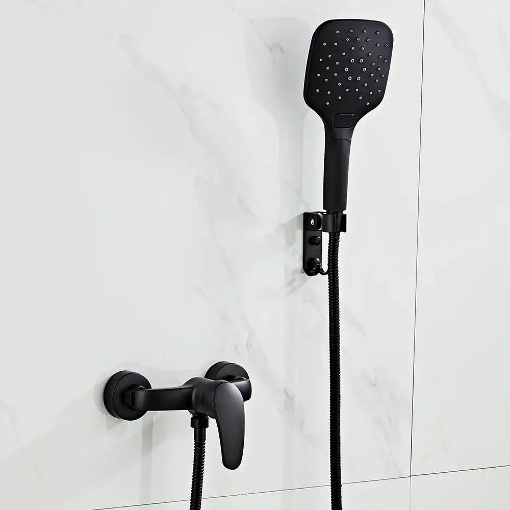 Modern black brass shower faucet set with a black matte square shower head and multiple spray nozzles mounted on a wall bracket