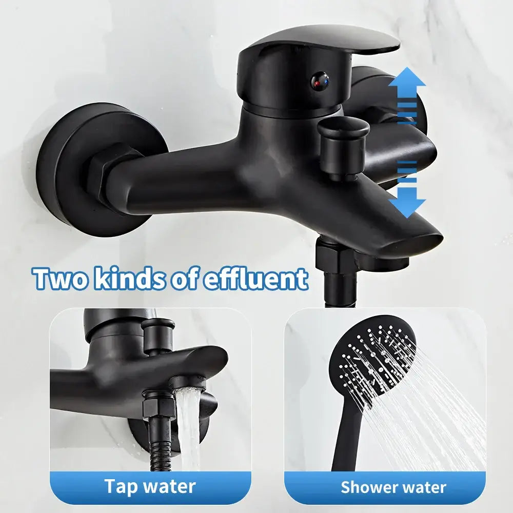 Modern black brass shower faucet set with black matte dual-function controls for tap and shower water delivery